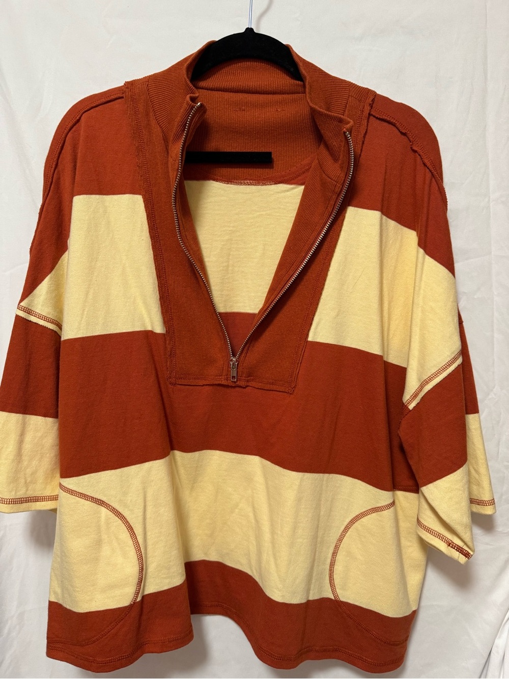 Free People Rugby Striped Half-Zip Pullover in Rust and Cream